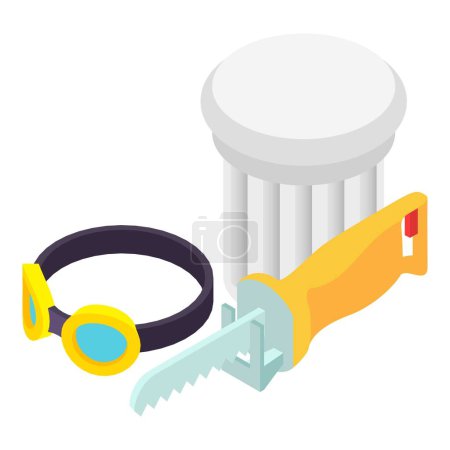 Illustration for Hand tool icon isometric vector. Yellow reciprocating saw and safety glasses. Construction and repair work - Royalty Free Image