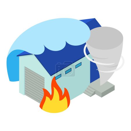 Illustration for Property insurance icon isometric vector. Big wave, hurricane and fire near house. Disaster insurance - Royalty Free Image