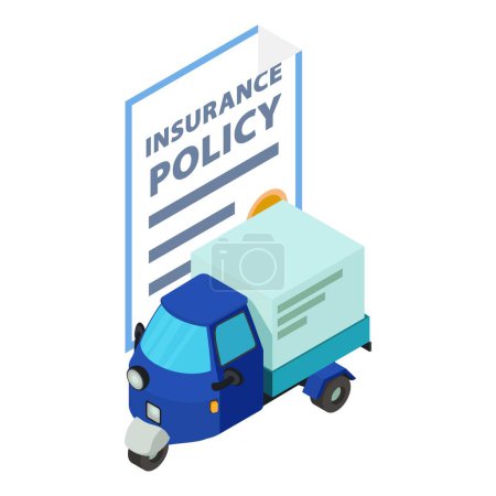 Illustration for Insurance concept icon isometric vector. Insurance policy and three wheeled car. Guarantee, safety - Royalty Free Image