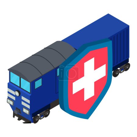Ilustración de Icono del seguro ferroviario vector isométrico. Locomotora ferroviaria detrás del escudo simbólico. Seguro de transporte de carga - Imagen libre de derechos