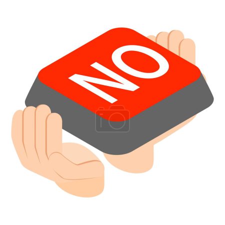 Ilustración de Ningún icono de signo vector isométrico. Gran botón rojo con inscripción no en la mano humana. Denegación, prohibición - Imagen libre de derechos