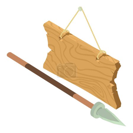 Ancient attribute icon isometric vector. Old wooden signboard and ancient spear. Historical period
