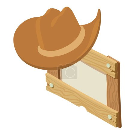 Illustration for Cowboy headdress icon isometric vector. Brown leather cowboy hat on wooden board. Wild west symbol - Royalty Free Image