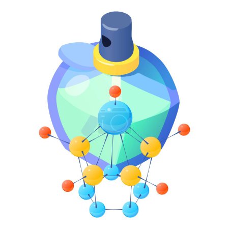 Illustration for Perfume concept icon isometric vector. Bottle of perfume and molecule symbol. Parfum de toilette, aroma, perfumery - Royalty Free Image
