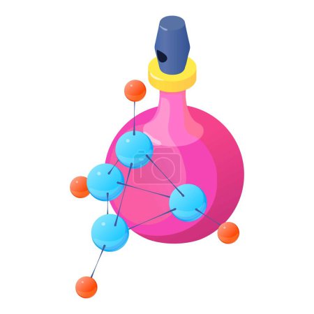 Illustration for Female perfume icon isometric vector. Bottle of new perfume and molecule symbol. Parfum de toilette, fruity aroma, perfumery - Royalty Free Image