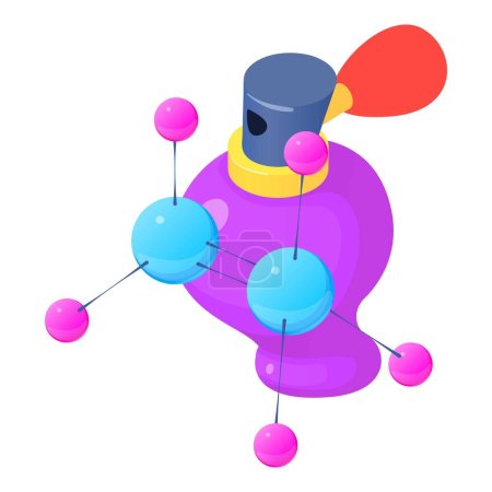 Illustration for Perfume bottle icon isometric vector. Bottle of new perfume and molecule symbol. Parfum de toilette, aroma, perfumery - Royalty Free Image