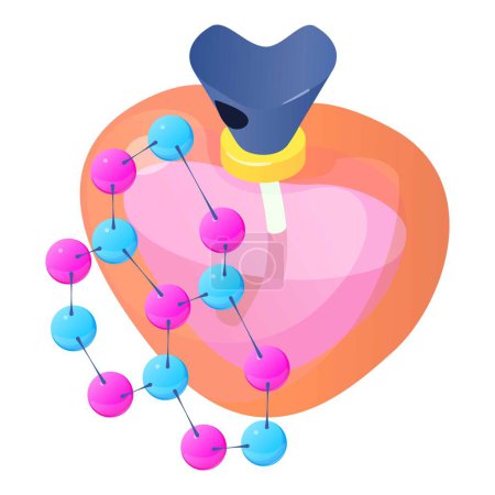 Illustration for Perfume icon isometric vector. Shape heart bottle of perfume and molecule symbol. Parfum toilette, aroma, perfumery - Royalty Free Image