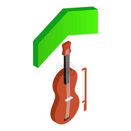 Ilustración de Icono de concepto musical vector isométrico. Violín de madera con arco y flecha verde hacia arriba. Arte, cultura, pasatiempo - Imagen libre de derechos
