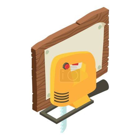 Illustration for Woodworking icon isometric vector. Electric jigsaw near old wooden board icon. Construction and repair work - Royalty Free Image