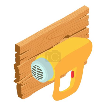 Ilustración de Icono de herramienta de reparación vector isométrico. Secadora eléctrica con cable e icono de tablero de madera. Trabajos de pistola de calor, construcción y reparación - Imagen libre de derechos