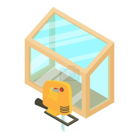 Illustration for Woodworking icon isometric vector. Electric jigsaw near new panoramic window. Construction and repair work - Royalty Free Image