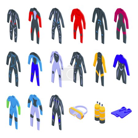 Ilustración de Los iconos del traje de neopreno establecen un vector isométrico. Playa de agua. Deportes de viaje - Imagen libre de derechos