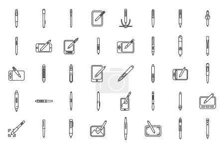 Téléchargez les illustrations : Icônes stylo numérique définir contour vecteur. Outil graphique. Comprimé d'art - en licence libre de droit