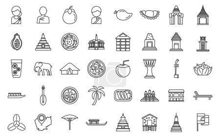 Ilustración de Los iconos de Camboya establecen el vector de contorno. Mapa de Asia. Monumento turístico - Imagen libre de derechos