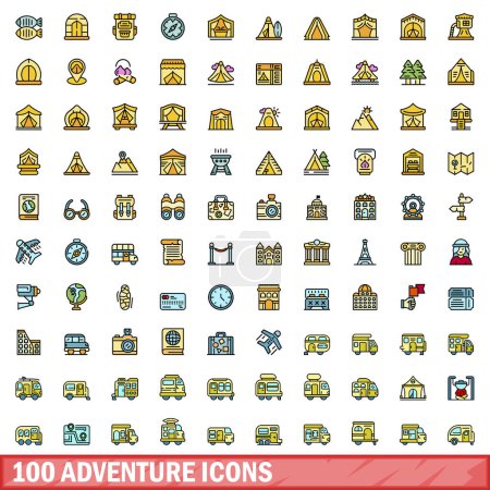 Téléchargez les illustrations : Ensemble de 100 icônes d'aventure. Ensemble de lignes de couleurs d'icônes vectorielles d'aventure couleur de ligne mince à plat sur blanc - en licence libre de droit