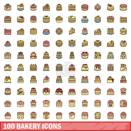 Illustration for 100 bakery icons set. Color line set of bakery vector icons thin line color flat on white - Royalty Free Image