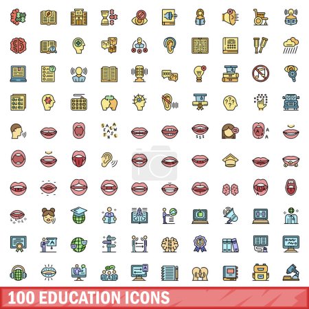 100 iconos de la educación establecidos. Línea de color conjunto de iconos vectoriales de educación línea delgada de color plano en blanco