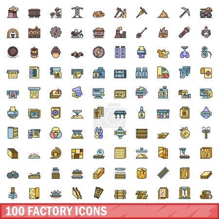 Illustration for 100 factory icons set. Color line set of factory vector icons thin line color flat on white - Royalty Free Image