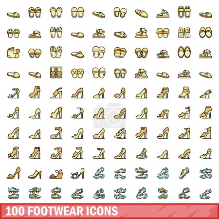 Ilustración de 100 iconos de calzado. Línea de color conjunto de iconos de vectores de calzado línea delgada de color plano sobre blanco - Imagen libre de derechos