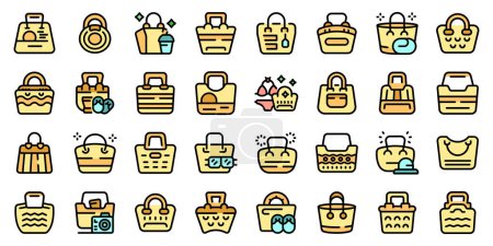 Beach bag icons set outline vector. Summer fashion. Clothes travel thin line color flat on white