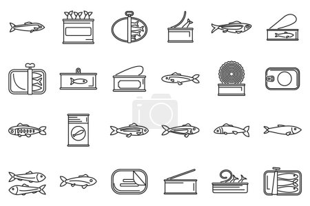 Téléchargez les illustrations : Sardine icônes définir contour vecteur. Huile de poisson. Can snack étain mer - en licence libre de droit