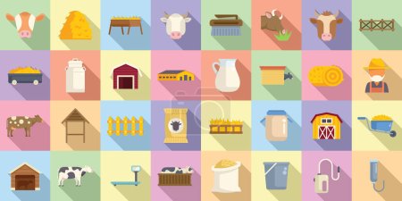 Illustration for Breeding cows icons set flat vector. Cattle milk. Eat dairy animal - Royalty Free Image