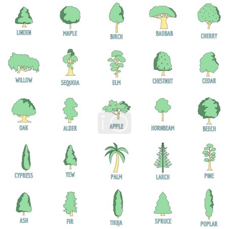 Illustration for Tree types icons set. Outline illustration of 25 tree types vector icons thin line color flat on white - Royalty Free Image