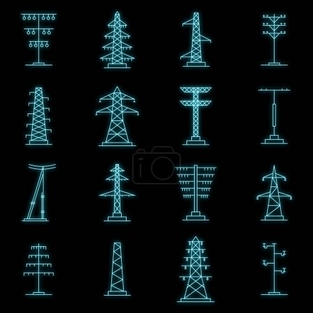Illustration for Electrical tower high voltage icons set. Outline illustration of 25 electrical tower high voltage vector icons neon color on black - Royalty Free Image