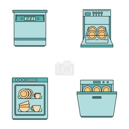 Illustration for Dishwasher machine kitchen icons set. Outline illustration of 4 dishwasher machine kitchen vector icons thin line color flat on white - Royalty Free Image