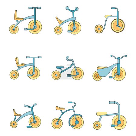 Téléchargez les illustrations : Tricycle vélo roues de vélo icônes ensemble. Illustration de contour de 9 icônes vectorielles de roue de vélo tricycle mince ligne de couleur plate sur blanc - en licence libre de droit