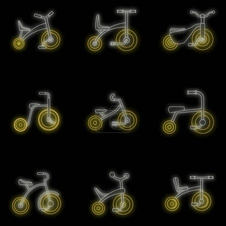 Téléchargez les illustrations : Tricycle vélo roues de vélo icônes ensemble. Illustration de contour de 9 icônes vectorielles de roue de vélo tricycle couleur néon sur noir - en licence libre de droit