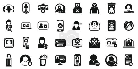 Illustration for Deleting social account icons set simple vector. Delete app. Block remove identity - Royalty Free Image
