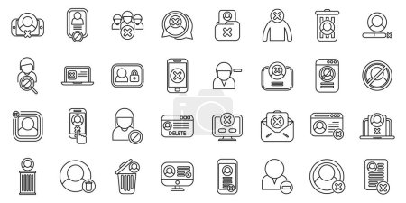 Illustration for Deleting social account icons set outline vector. Delete app. Block remove identity - Royalty Free Image