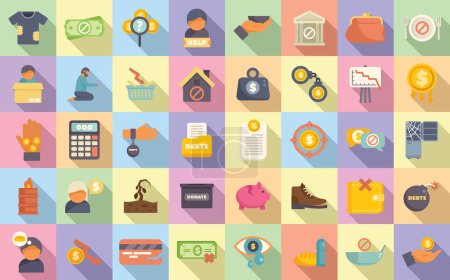 Illustration for Poverty icons set flat vector. Charity donate help. Worker people social - Royalty Free Image