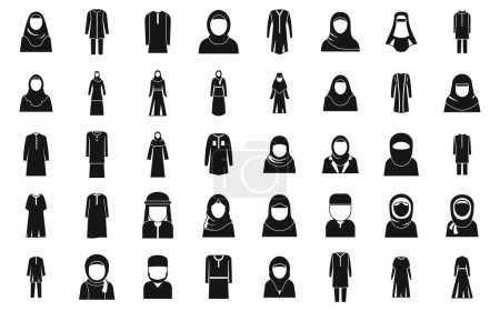 Illustration for Muslim fashion icons set simple vector. Arab casual girl. Woman arabic muslim - Royalty Free Image