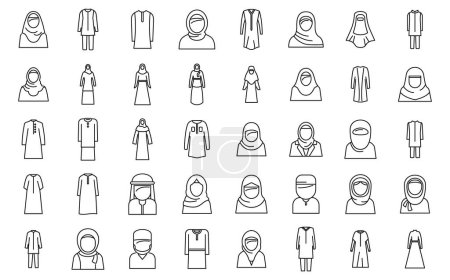 Illustration for Muslim fashion icons set outline vector. Arab casual girl. Woman arabic muslim - Royalty Free Image