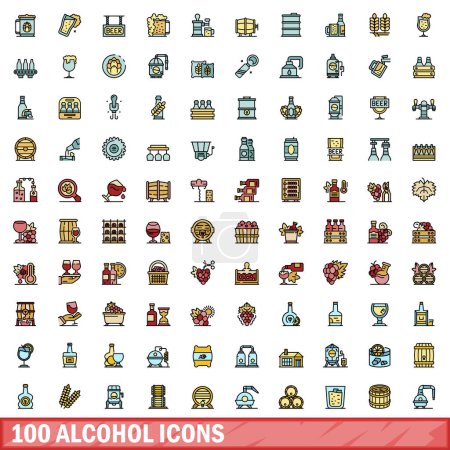 Téléchargez les illustrations : Ensemble de 100 icônes alcoolisées. Ensemble de lignes de couleurs d'icônes vectorielles d'alcool couleur de ligne mince à plat sur blanc - en licence libre de droit