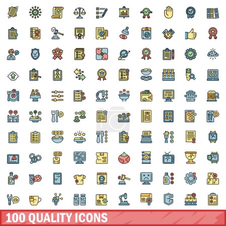 Illustration for 100 quality icons set. Color line set of quality vector icons thin line color flat on white - Royalty Free Image
