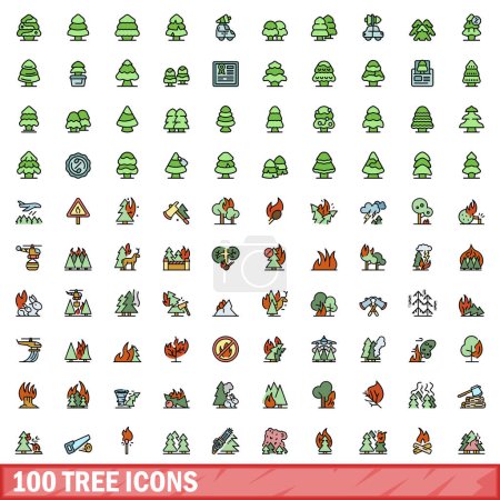 Illustration for 100 tree icons set. Color line set of tree vector icons thin line color flat on white - Royalty Free Image