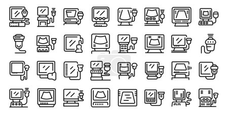 Illustration for Ultrasound machine icons set outline vector. Probe transducer. Medical doctor equipment - Royalty Free Image