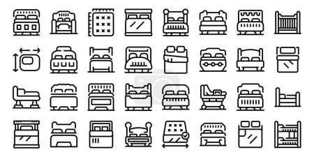 Téléchargez les illustrations : Icônes de lit ensemble contour vecteur. Maison en bois. Couverture chambre sommeil - en licence libre de droit