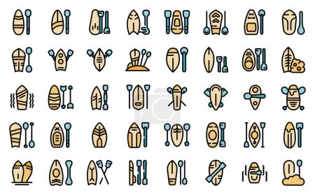 Paddle board icons set outline vector. Sup board water. Beach activity thin line color flat on white