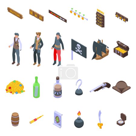 Illustration for Pirate game icons set isometric vector. Treasure jewel piracy. Chest box weapon - Royalty Free Image