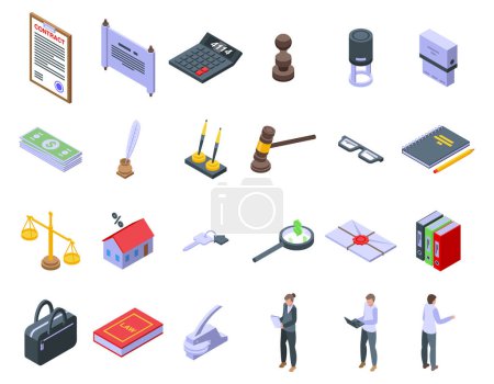 Illustration for Notary services icons set isometric vector. Office laptop finance. Advocate judge - Royalty Free Image