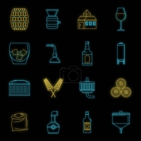 Téléchargez les illustrations : Whisky bouteille verre icônes ensemble. Illustration schématique de 16 icônes vectorielles en verre bouteille de whisky couleur néon sur noir - en licence libre de droit