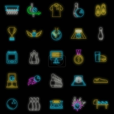 Illustration for Bowling kegling game icons set. Outline illustration of 25 bowling kegling game vector icons neon color on black - Royalty Free Image
