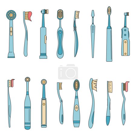 Toothbrush dental icons set. Outline illustration of 16 toothbrush dental icons thin line color flat on white