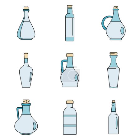 Téléchargez les illustrations : Ensemble d'icônes de bouteille de vinaigre. Illustration de contour de 9 icônes de bouteille de vinaigre couleur ligne mince plat sur blanc - en licence libre de droit