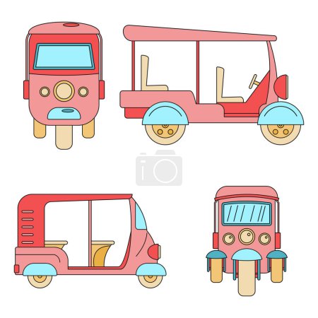 Ilustración de Tuk rickshaw Tailandia conjunto de iconos. Esquema ilustración de 4 tuk rickshaw Tailandia vector iconos delgada línea de color plano sobre blanco - Imagen libre de derechos