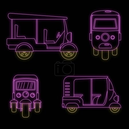 Ilustración de Tuk rickshaw Tailandia conjunto de iconos. Esquema ilustración de 4 tuk rickshaw Tailandia vector iconos de color de neón en negro - Imagen libre de derechos
